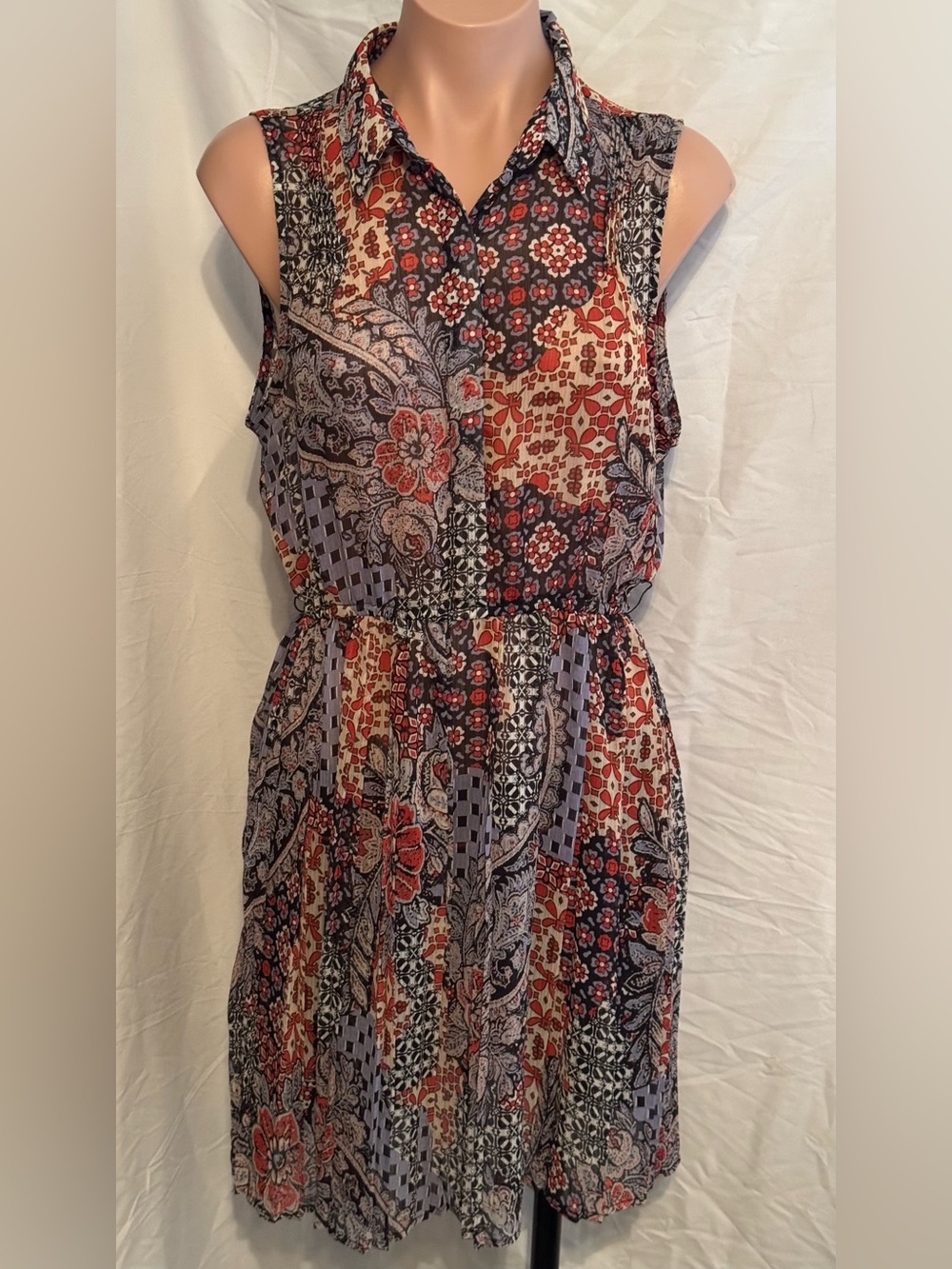 Sleeveless Sheer Floral Patchwork Shirt Dress - Rust & Blue